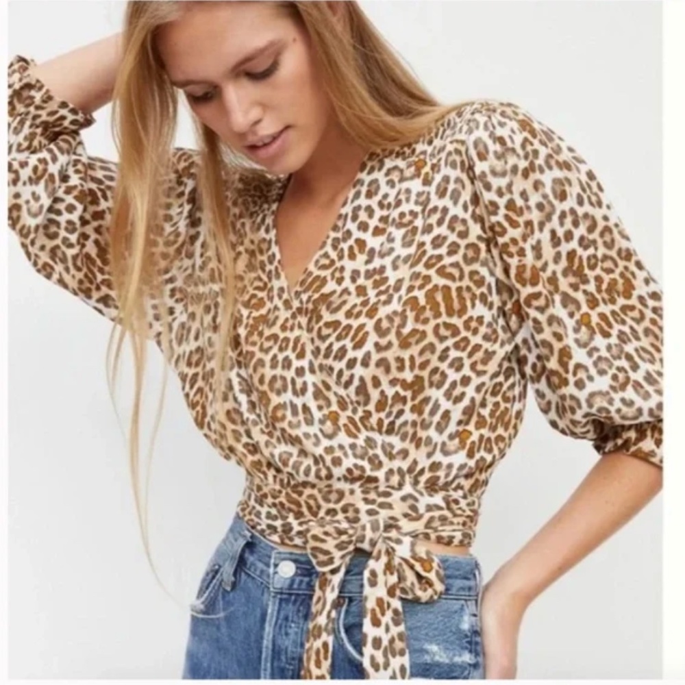 Faithfull Lena Leopard Cottage Cropped Crop Boho Peasant Hipster Art Wrap Blouse